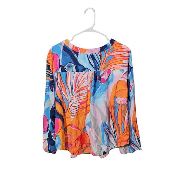 NIC+ZOE Tropical Mirage Top Allover Print Roll Tab Sleeve 100% EcoVero 1X Plus - Picture 2 of 8